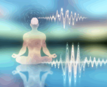 **alt_text:** A serene landscape with a meditating figure, brain waves, and soothing hues symbolizing mindfulness.