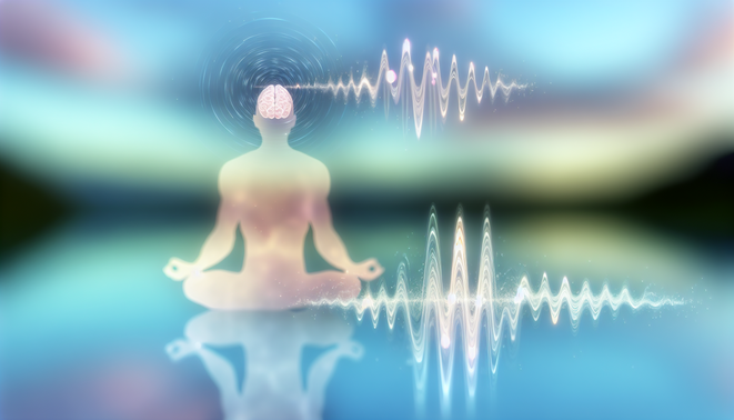 **alt_text:** A serene landscape with a meditating figure, brain waves, and soothing hues symbolizing mindfulness.