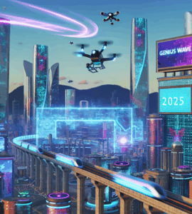 alt_text: Futuristic cityscape with "Genius Wave Discount Code 2025" and vibrant tech elements.