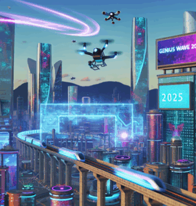 alt_text: Futuristic cityscape with "Genius Wave Discount Code 2025" and vibrant tech elements.