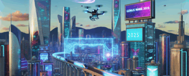 alt_text: Futuristic cityscape with "Genius Wave Discount Code 2025" and vibrant tech elements.