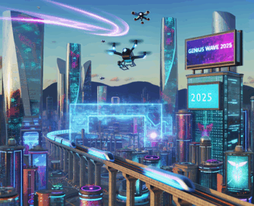 alt_text: Futuristic cityscape with "Genius Wave Discount Code 2025" and vibrant tech elements.