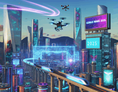 alt_text: Futuristic cityscape with "Genius Wave Discount Code 2025" and vibrant tech elements.