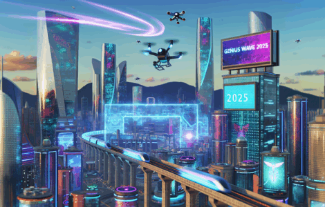 alt_text: Futuristic cityscape with "Genius Wave Discount Code 2025" and vibrant tech elements.