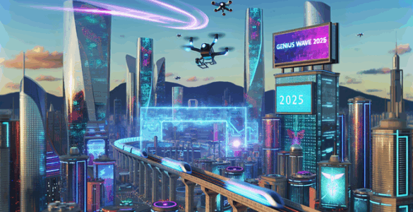 alt_text: Futuristic cityscape with "Genius Wave Discount Code 2025" and vibrant tech elements.