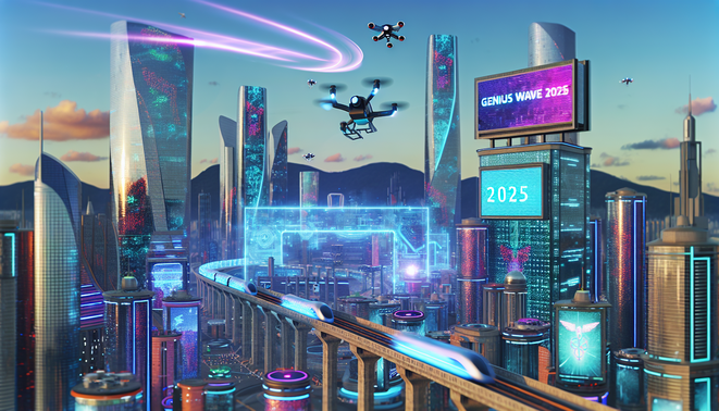 alt_text: Futuristic cityscape with "Genius Wave Discount Code 2025" and vibrant tech elements.