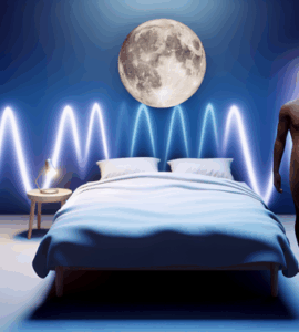 alt_text: A serene bedroom scene with a relaxed person, gentle wave patterns, and soothing moonlight.