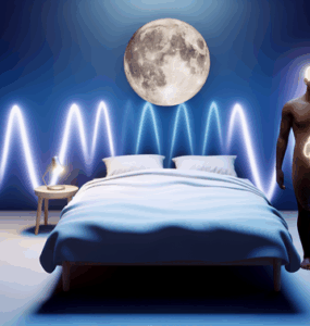 alt_text: A serene bedroom scene with a relaxed person, gentle wave patterns, and soothing moonlight.