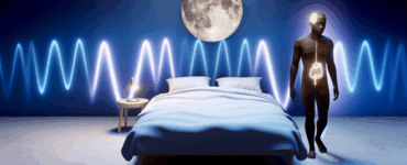 alt_text: A serene bedroom scene with a relaxed person, gentle wave patterns, and soothing moonlight.
