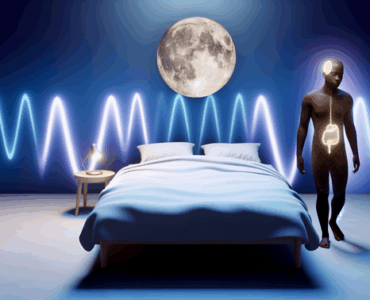 alt_text: A serene bedroom scene with a relaxed person, gentle wave patterns, and soothing moonlight.