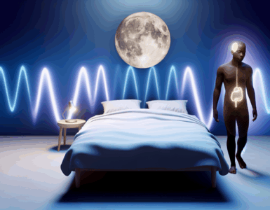 alt_text: A serene bedroom scene with a relaxed person, gentle wave patterns, and soothing moonlight.
