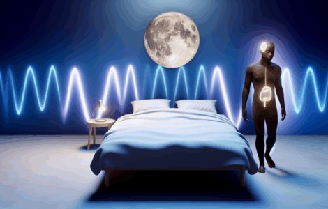alt_text: A serene bedroom scene with a relaxed person, gentle wave patterns, and soothing moonlight.