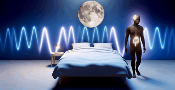 alt_text: A serene bedroom scene with a relaxed person, gentle wave patterns, and soothing moonlight.