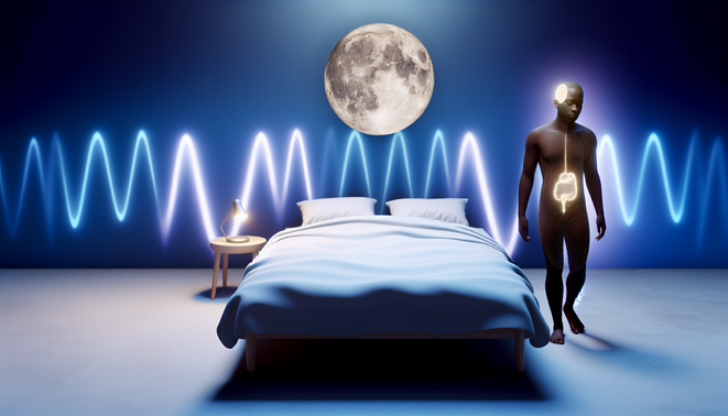 alt_text: A serene bedroom scene with a relaxed person, gentle wave patterns, and soothing moonlight.